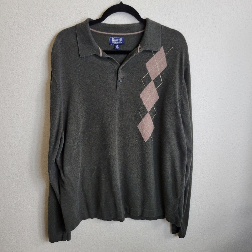 Bass Green & Brown Argyle Men's Collared Long Sleeve Sweater Extra Large